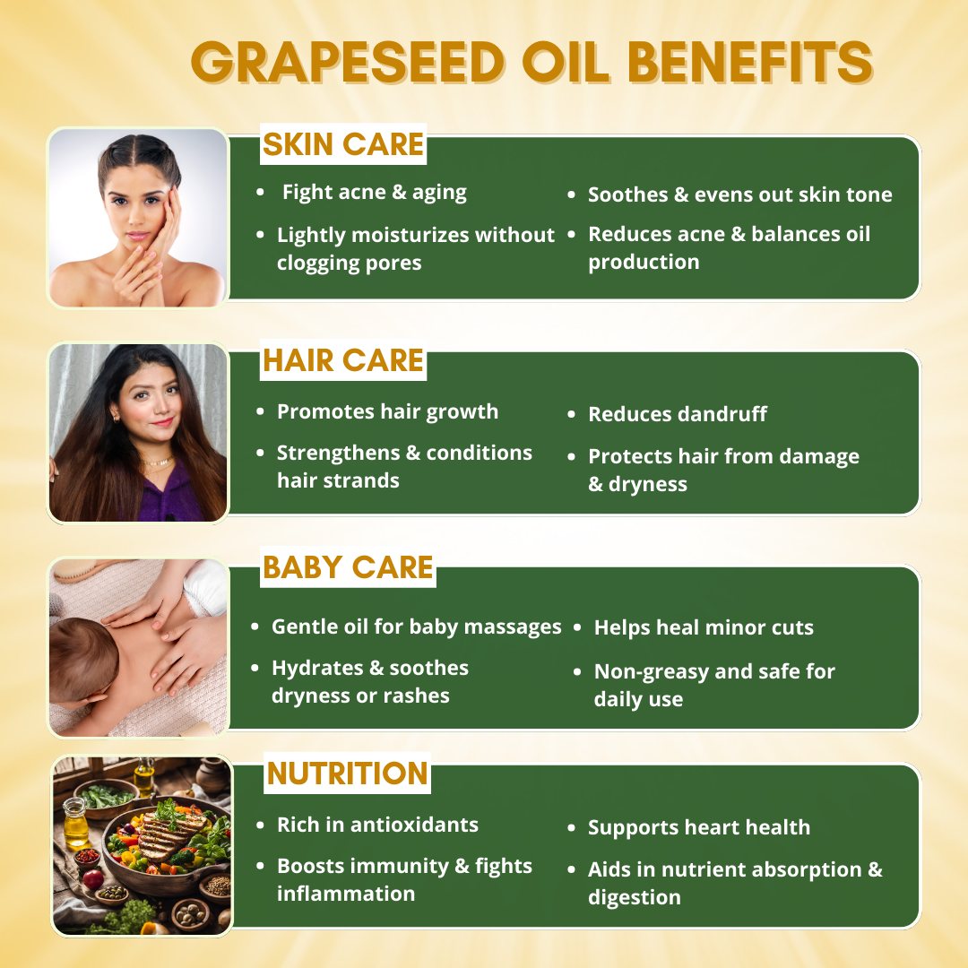 Grapeseed Oil for Hair, Acne, Glowing Skin | Cold Pressed, 100% Pure & Natural